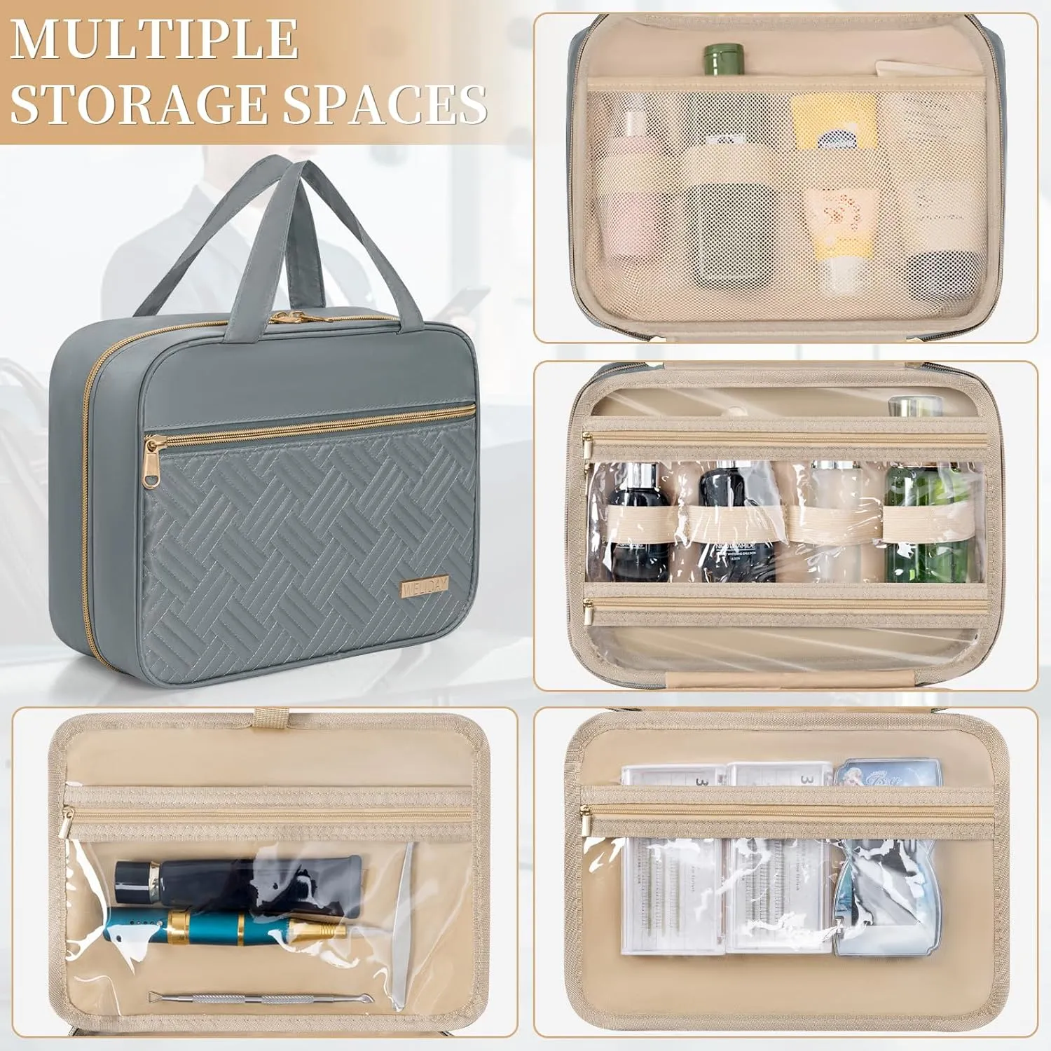 Travel Toiletry Bag - Spacious Toiletry Bag with Hanging Hook, Waterproof Makeup Bag for Women & Men, Travel Essentials (Medium-Grey)