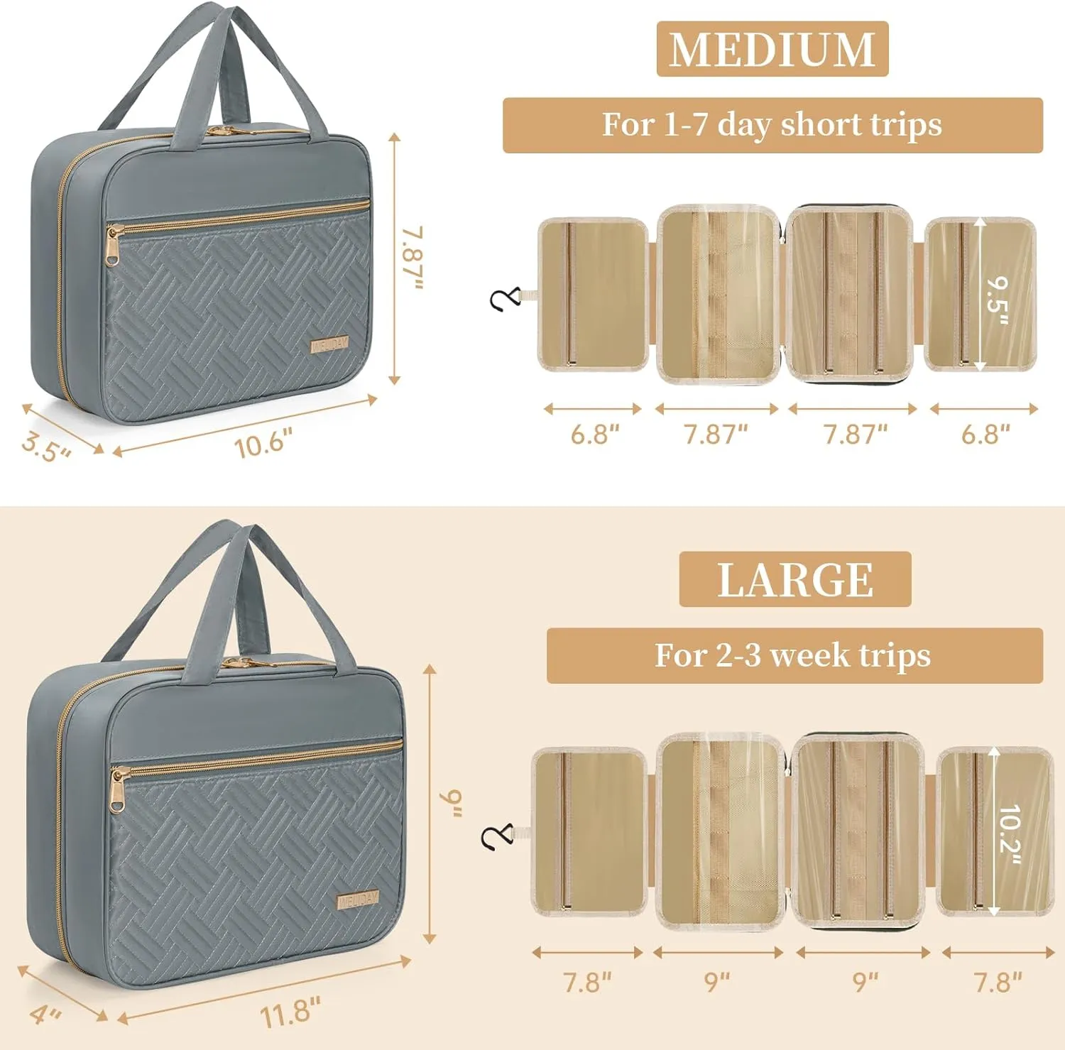 Travel Toiletry Bag - Spacious Toiletry Bag with Hanging Hook, Waterproof Makeup Bag for Women & Men, Travel Essentials (Medium-Grey)