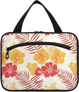 Tropical Style Flower Leaves Yellow and Red hanging travel makeup bag with hook, designer cute skincare bag for travel essentials camping organizador de maquillaje para L