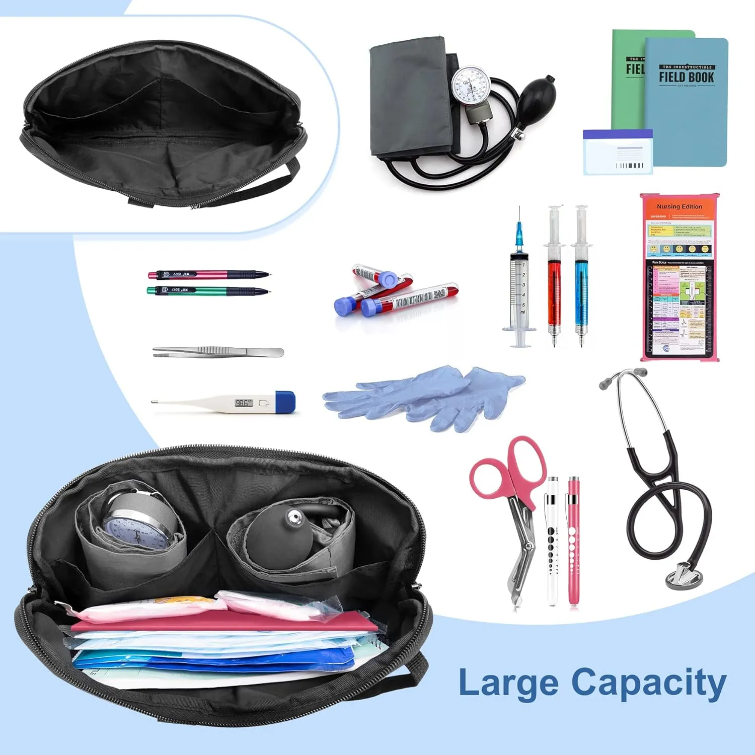 Trunab Utility Nurse Fanny Pack with 12 Essential Tool Pockets, Tape Holder, Adjustable Waist Belt, Medical Organizer Pouch for Nurse, Doctor Black