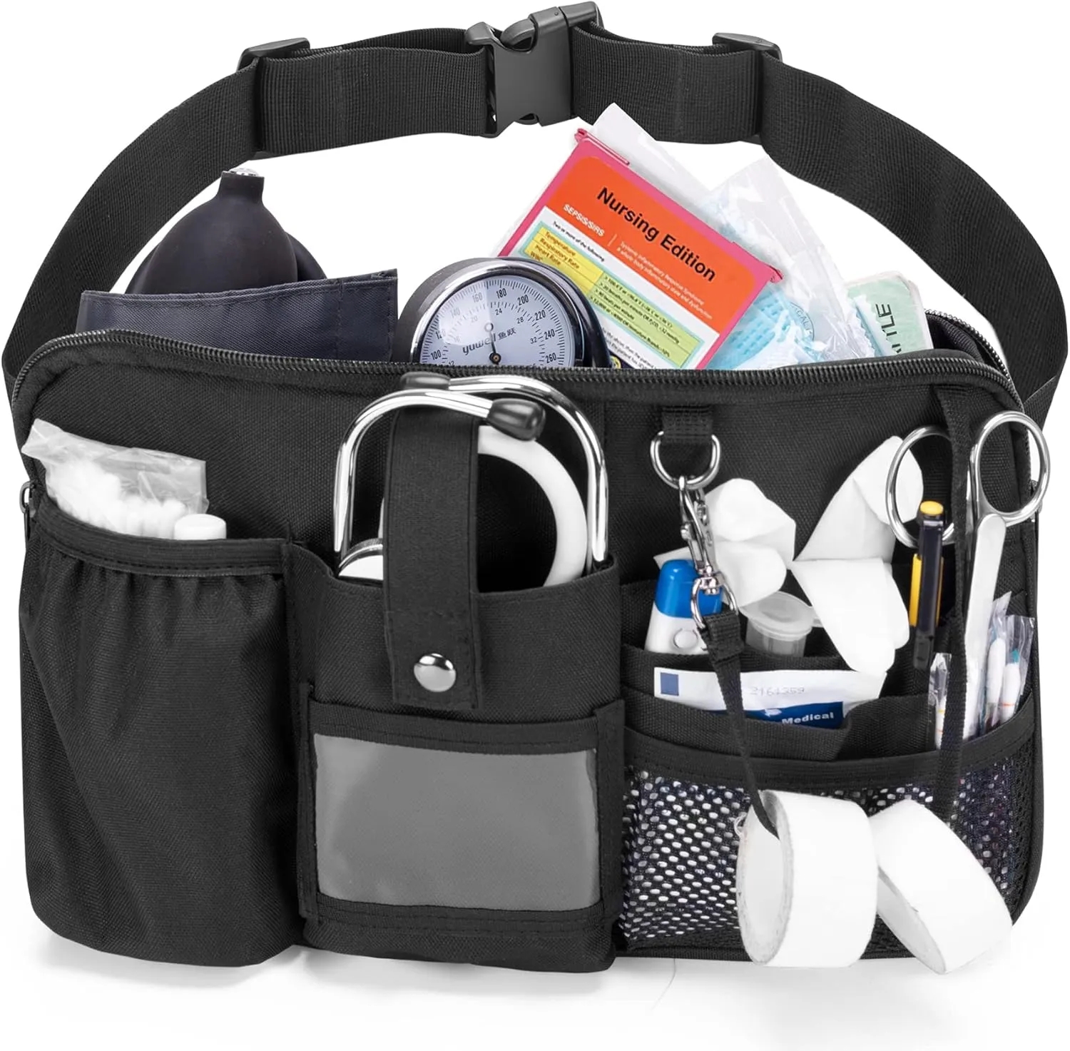 Trunab Utility Nurse Fanny Pack with 12 Essential Tool Pockets, Tape Holder, Adjustable Waist Belt, Medical Organizer Pouch for Nurse, Doctor Black