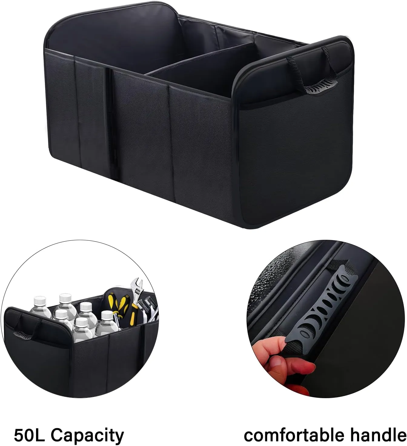 Trunk Organizer - Premium Leather Large Capacity Foldable Trunk Organizer for SUVs & Sedans, Sturdy Car Organization for Accessories, Tools, Sundries (Black)