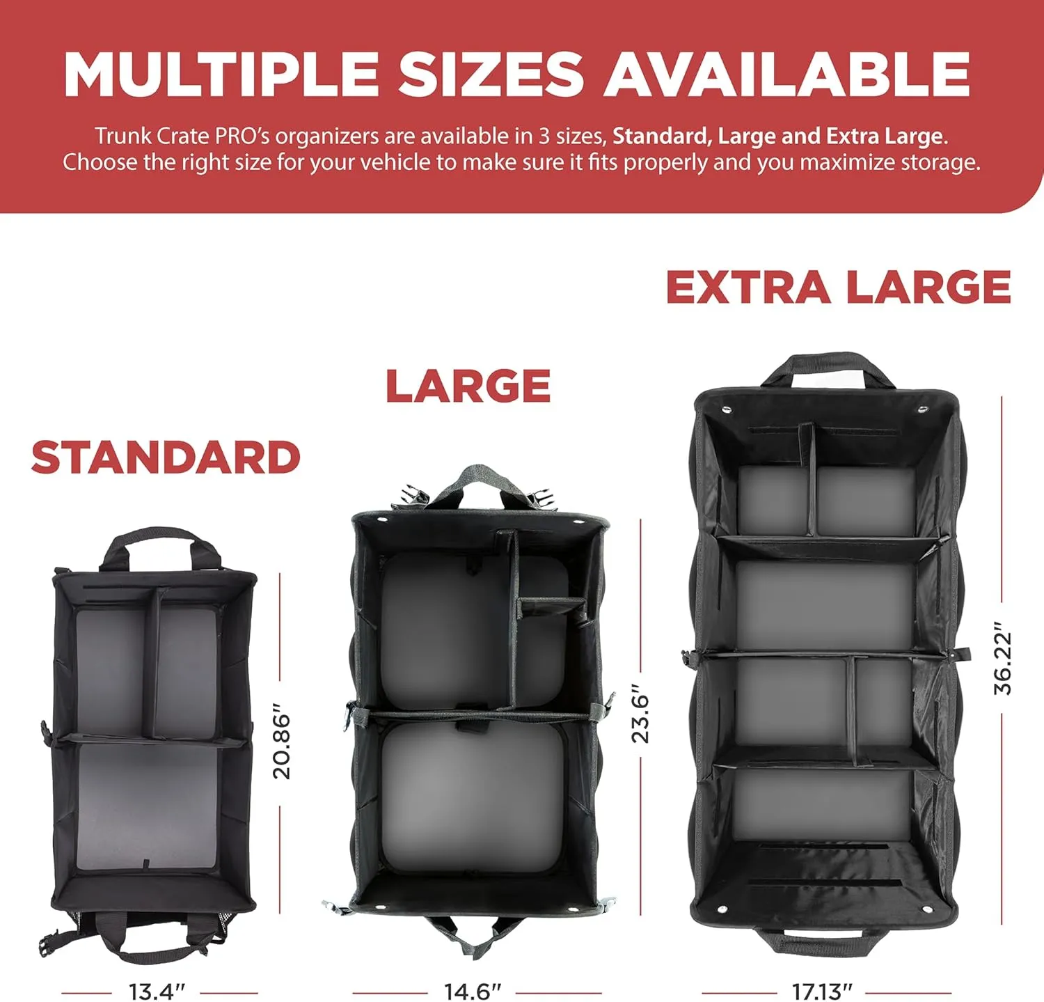 TRUNKCRATEPRO - XL Trunk Organizer For SUV, Car, Truck with 6 Compartments Adjustable Collapsible Portable Non-Skid Premium Cargo Storage Truck Organizer W Straps, Heavy Loads (Extra Large, Gray)