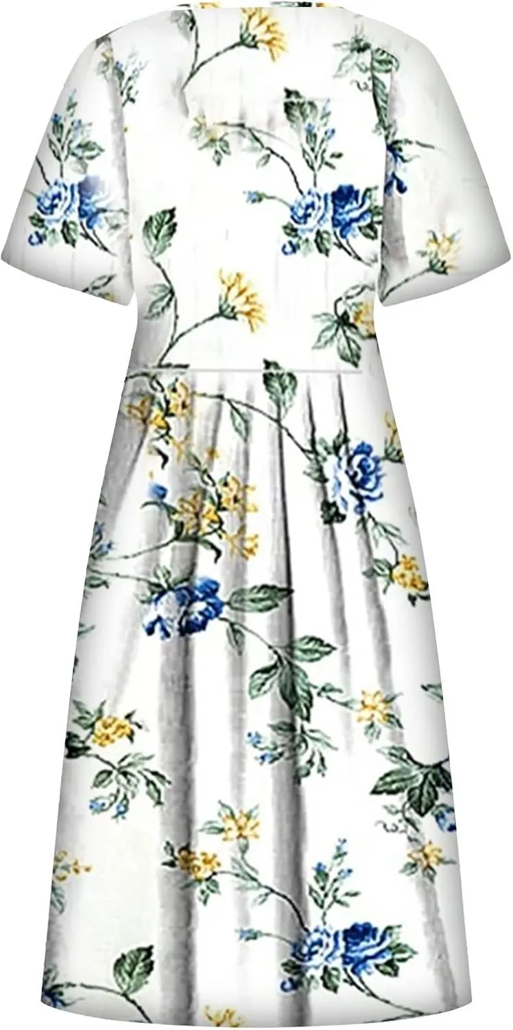 Tshirt Dress for Women 2025 Beach Cotton Linen Floral Printed Dresses with Pockets Casual Flowy Long Dress