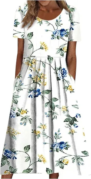 Tshirt Dress for Women 2025 Beach Cotton Linen Floral Printed Dresses with Pockets Casual Flowy Long Dress