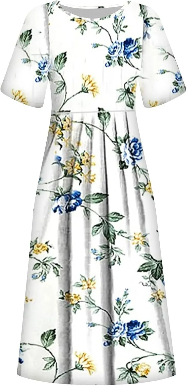 Tshirt Dress for Women 2025 Beach Cotton Linen Floral Printed Dresses with Pockets Casual Flowy Long Dress