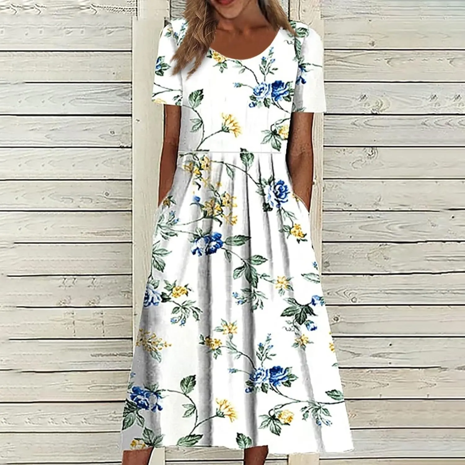 Tshirt Dress for Women 2025 Beach Cotton Linen Floral Printed Dresses with Pockets Casual Flowy Long Dress
