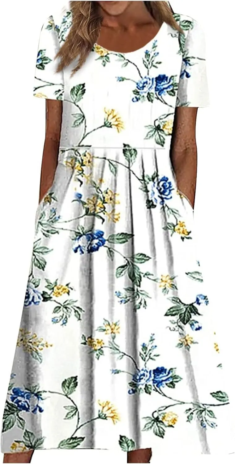Tshirt Dress for Women Casual Plus Size Summer Midi Dress Boho Floral Print Loose Flowy Long Dresses with Pockets