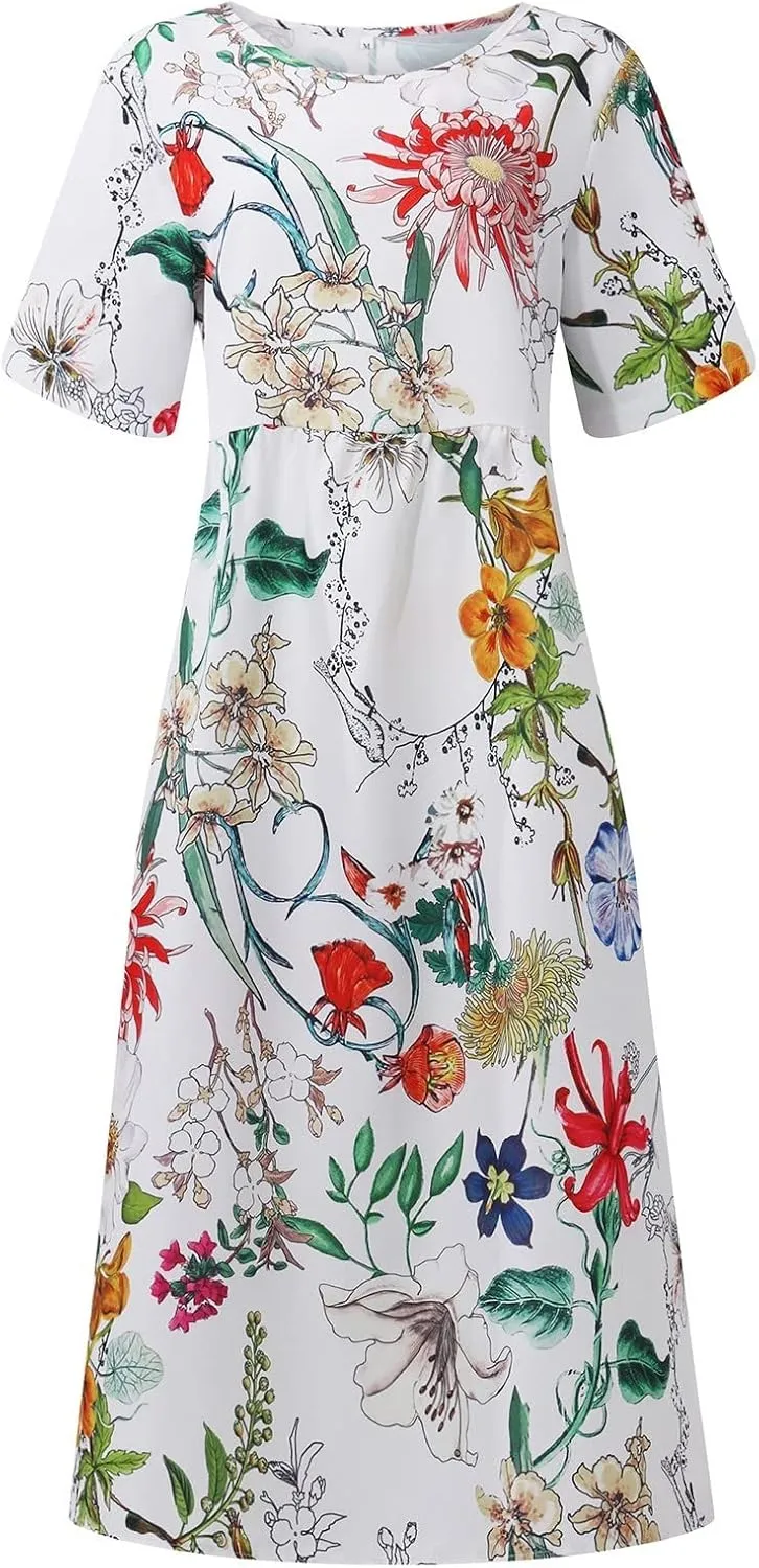 Tshirt Dress for Women Casual Plus Size Summer Midi Dress Boho Floral Print Loose Flowy Long Dresses with Pockets