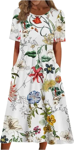 Tshirt Dress for Women Casual Plus Size Summer Midi Dress Boho Floral Print Loose Flowy Long Dresses with Pockets