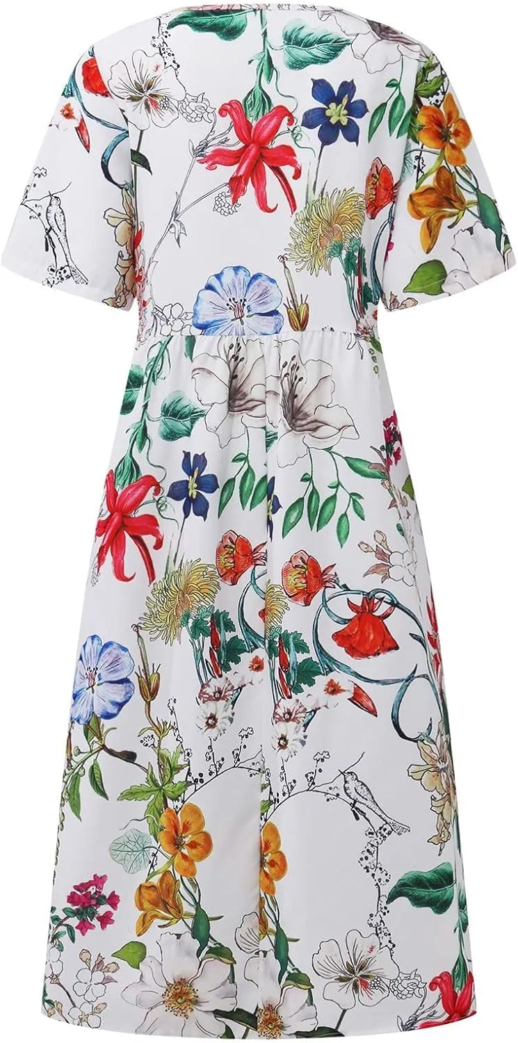 Tshirt Dress for Women Casual Plus Size Summer Midi Dress Boho Floral Print Loose Flowy Long Dresses with Pockets