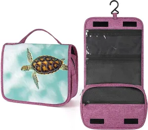 Turtle,Makeup Bag Cosmetic Travel Bag with Hanging Hook,Turtle Swimming in Abstract,Water-resistant Make Up Bag Organizer for Accessories,Brushes,Sponge,Full-size Container,Toiletries,Blue