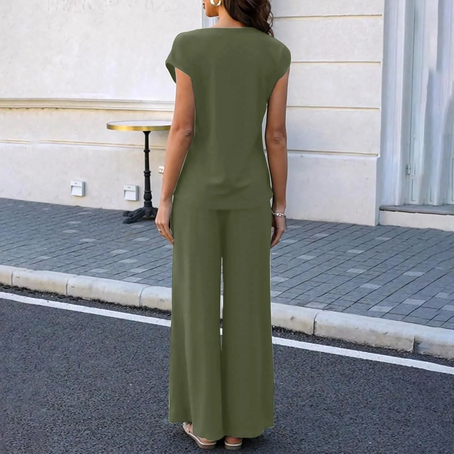 Two Piece Summer Outfits For Women Trendy 2024 Casual Tops Wide Leg Flowy Pants Matching Lounge Set Travel Clothes