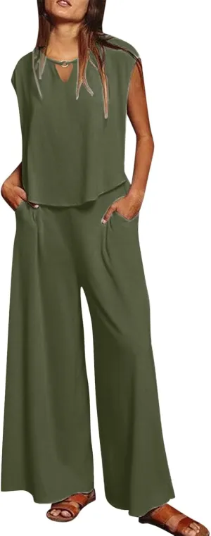 Two Piece Summer Outfits For Women Trendy 2024 Casual Tops Wide Leg Flowy Pants Matching Lounge Set Travel Clothes