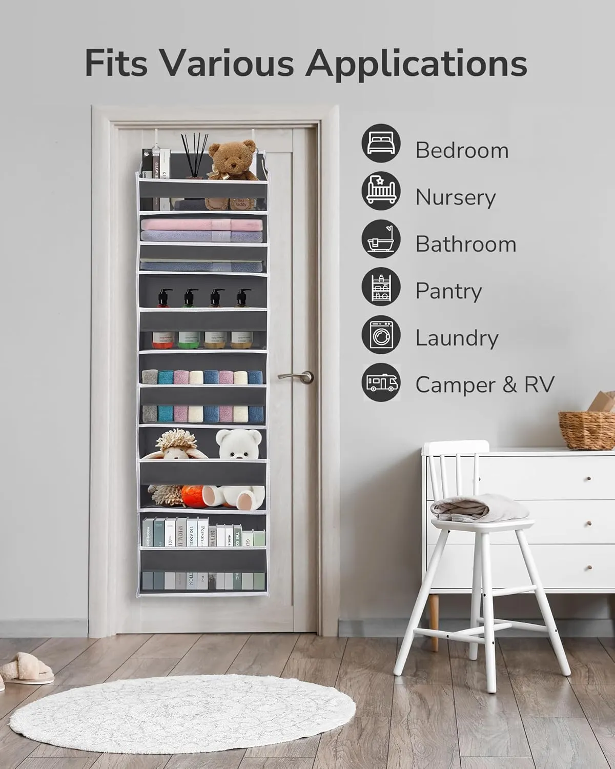 ULG Over The Door Organizer with 6 Large Pockets 12 Side Pockets, 50lbs Weight Capacity Door Hanging Organizer for Bedroom, Bathroom, Pantry, Nursery Storage, Dark Gray