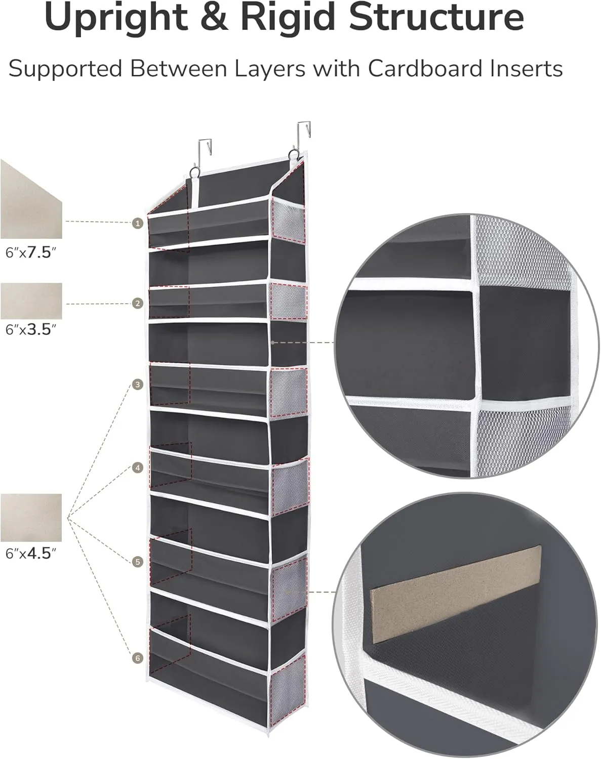 ULG Over The Door Organizer with 6 Large Pockets 12 Side Pockets, 50lbs Weight Capacity Door Hanging Organizer for Bedroom, Bathroom, Pantry, Nursery Storage, Dark Gray