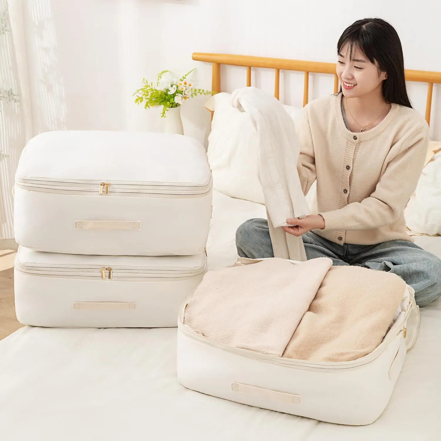 Ultra Space Saving Self Compression Organizer, Comforter Storage Bag for Clothes, Blankets, Pillows, Duvet, Comforters, Bedding Sets and Much More (Gray,X-L - 54 * 42 * 60cm)