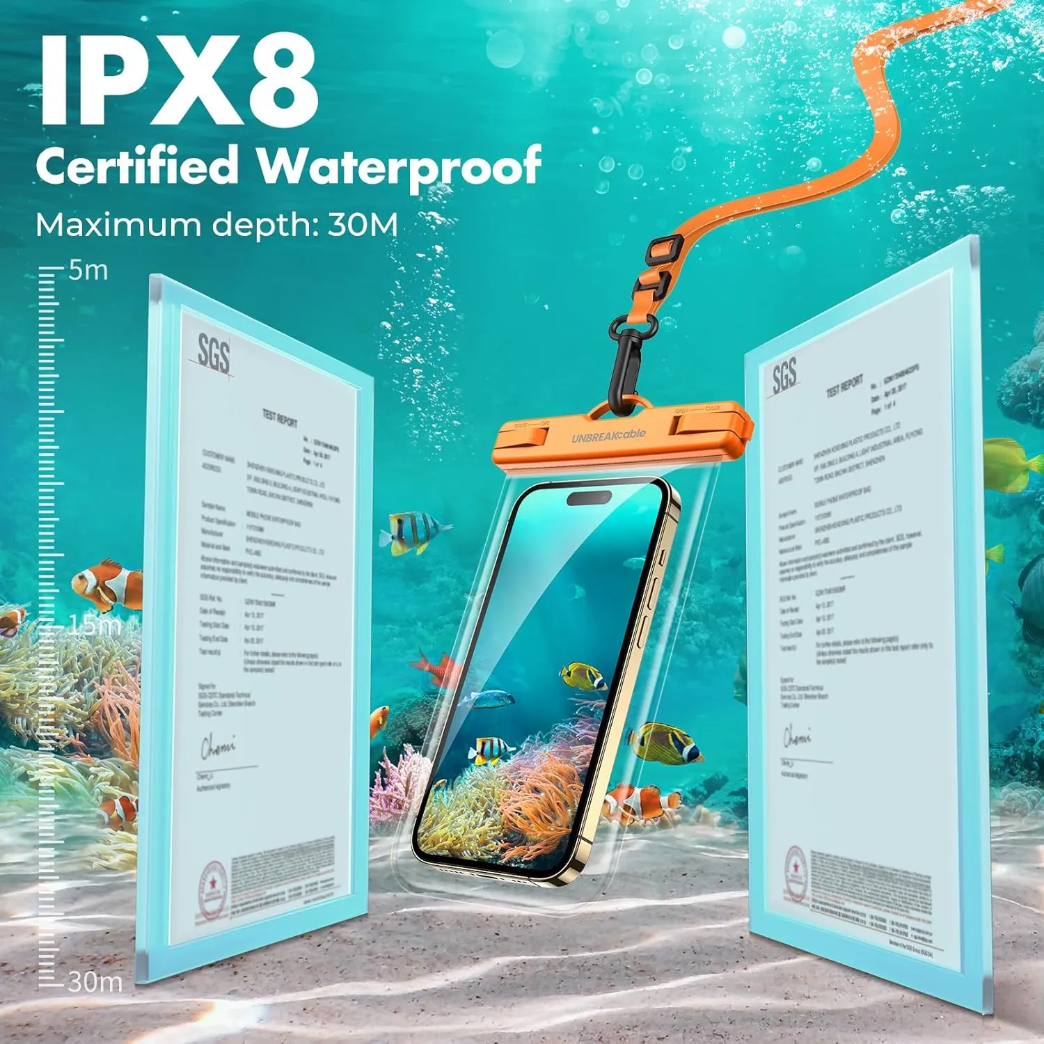 UNBREAKcable Waterproof Phone Pouch-2 Pack IPX8 Waterproof Phone Case for iPhone 16 15 14 13 12 Pro Max & Samsung S25 S24-Dry Bag & Travel Essentials for Beach, Pool, Kayak & Cruise-7" Orange   Purple