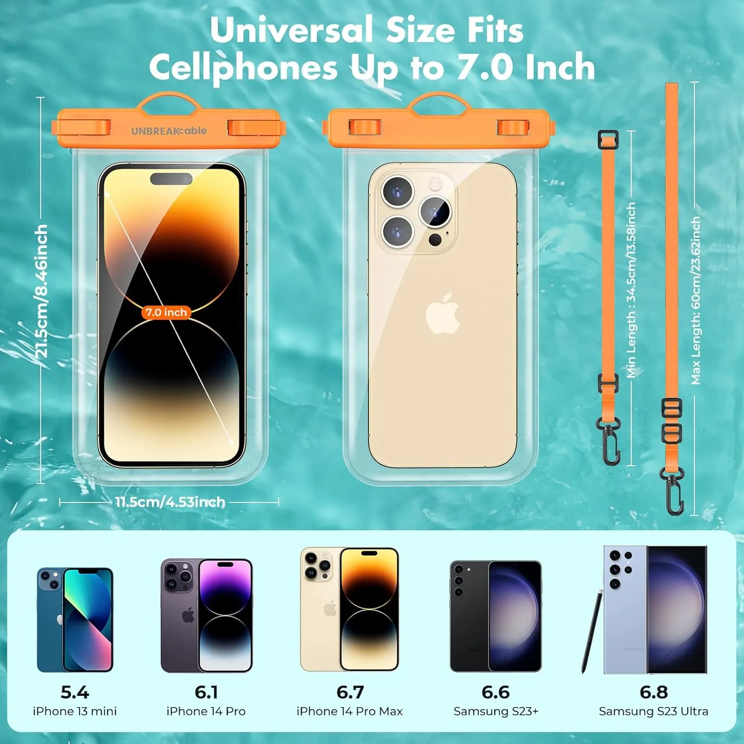 UNBREAKcable Waterproof Phone Pouch-2 Pack IPX8 Waterproof Phone Case for iPhone 16 15 14 13 12 Pro Max & Samsung S25 S24-Dry Bag & Travel Essentials for Beach, Pool, Kayak & Cruise-7" Orange   Purple
