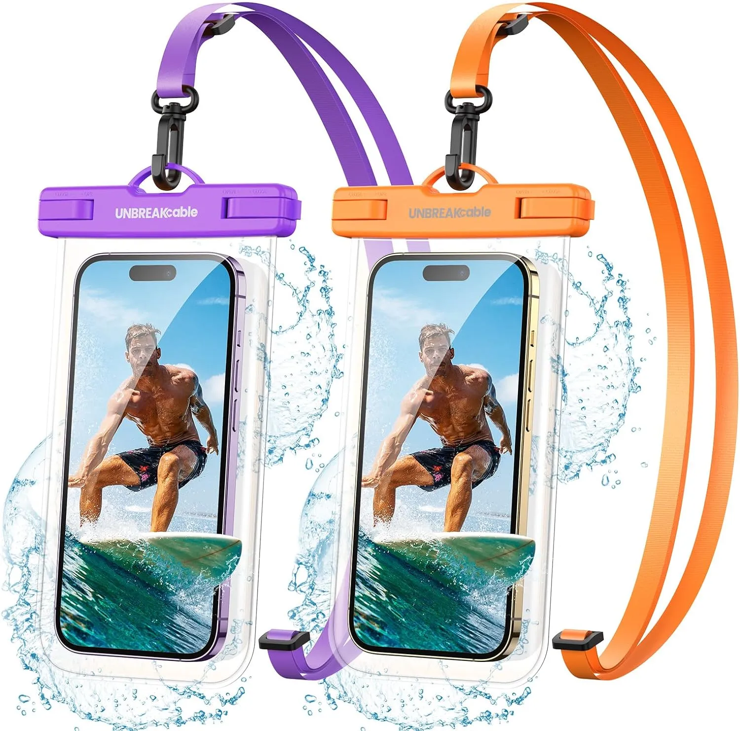 UNBREAKcable Waterproof Phone Pouch-2 Pack IPX8 Waterproof Phone Case for iPhone 16 15 14 13 12 Pro Max & Samsung S25 S24-Dry Bag & Travel Essentials for Beach, Pool, Kayak & Cruise-7" Orange   Purple