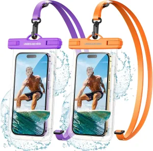 UNBREAKcable Waterproof Phone Pouch-2 Pack IPX8 Waterproof Phone Case for iPhone 16 15 14 13 12 Pro Max & Samsung S25 S24-Dry Bag & Travel Essentials for Beach, Pool, Kayak & Cruise-7" Orange   Purple