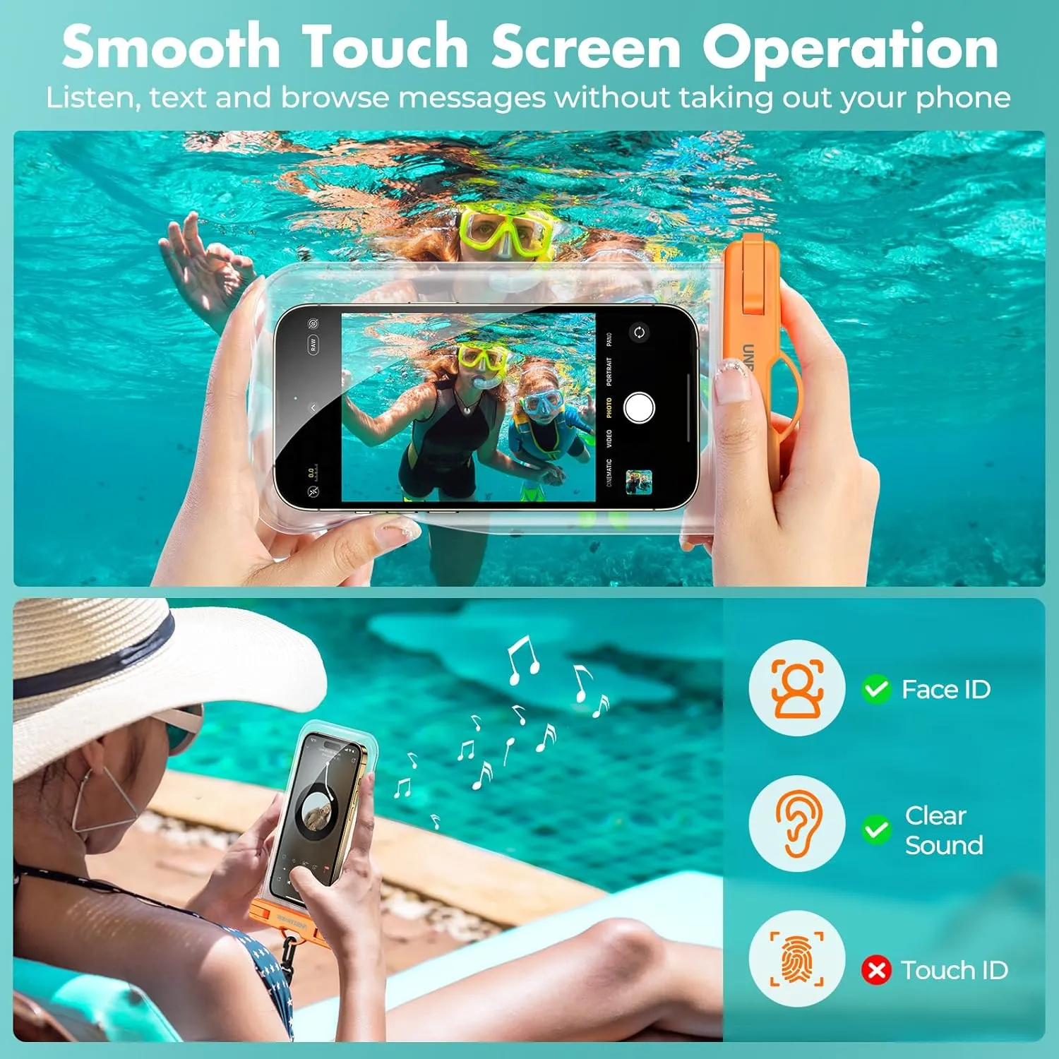 UNBREAKcable Waterproof Phone Pouch-2 Pack IPX8 Waterproof Phone Case for iPhone 16 15 14 13 12 Pro Max & Samsung S25 S24-Dry Bag & Travel Essentials for Beach, Pool, Kayak & Cruise-7" Orange   Purple