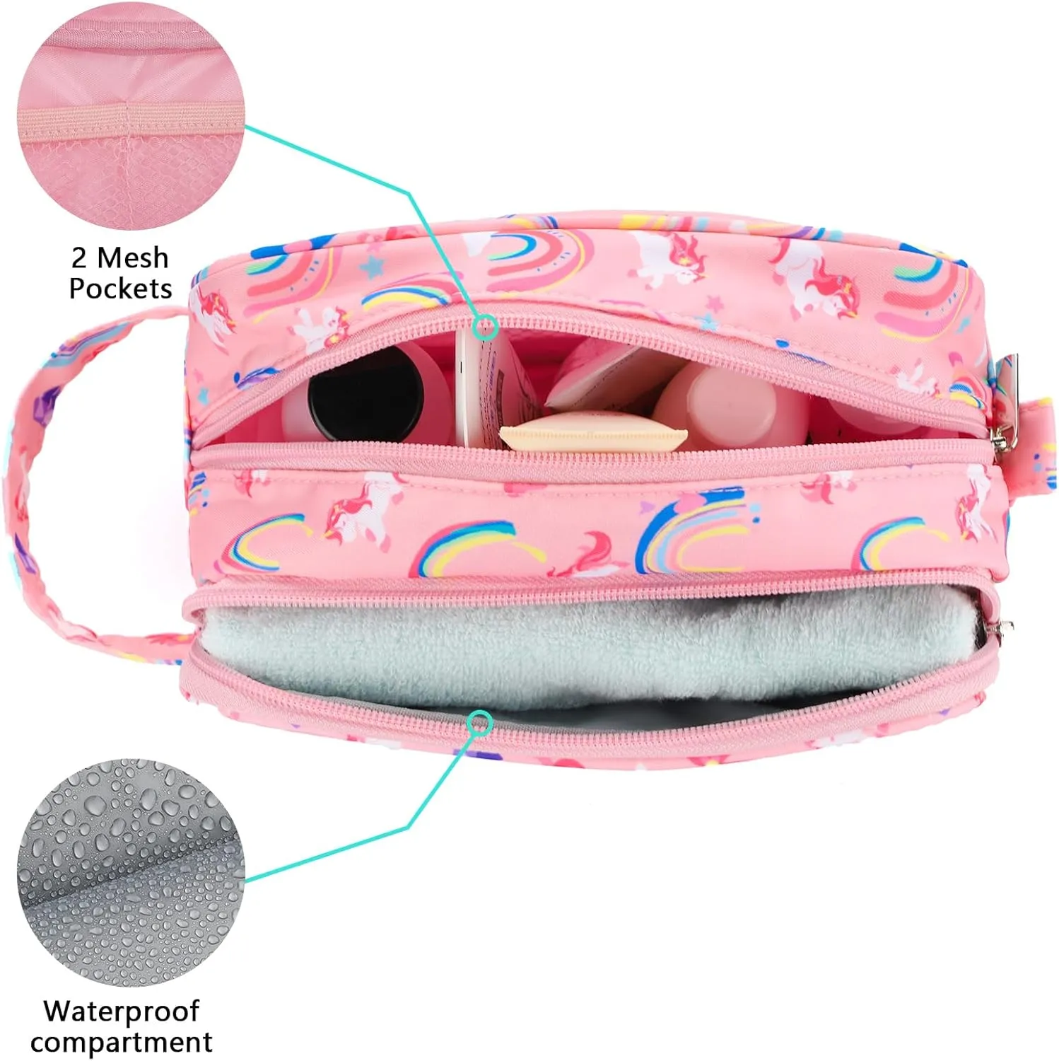 Unicorn Kids Toiletry Bag for Girls, Travel Toiletry Bag for Little Young Girls Cosmetic Bag Makeup Bag Waterproof Hanging Wash Bag Toddler Toiletries, Rainbow Pink