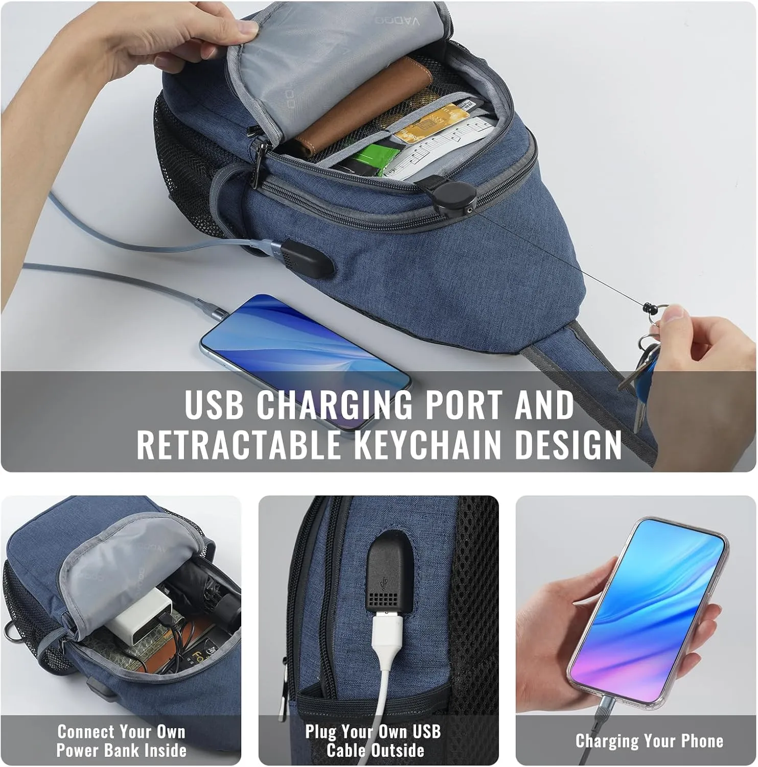 VADOO Sling Backpack with RFID Blocking and Phone Holder on Strap for Men Women Crossbody Chest Bag for Travel Hiking