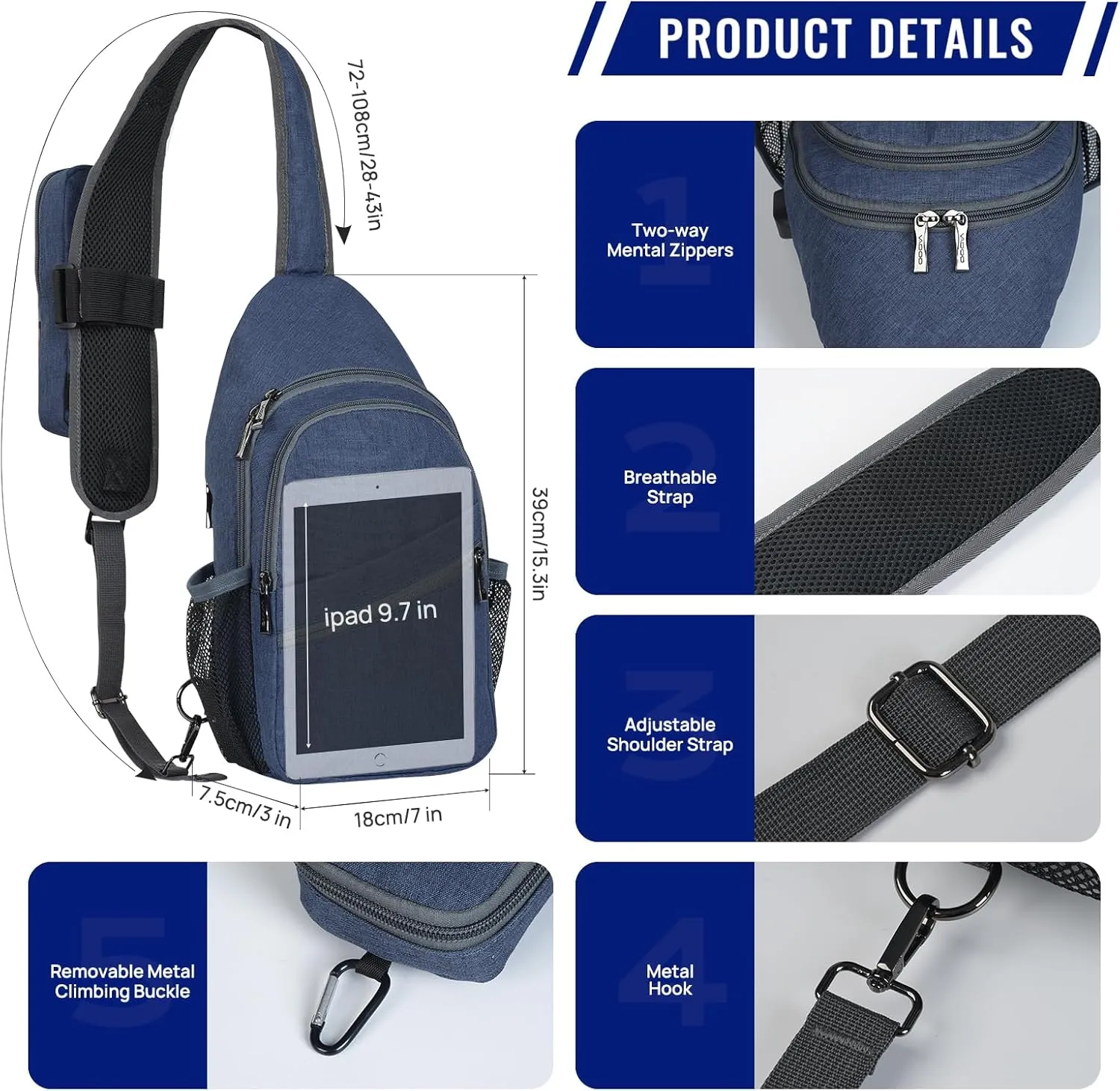 VADOO Sling Backpack with RFID Blocking and Phone Holder on Strap for Men Women Crossbody Chest Bag for Travel Hiking