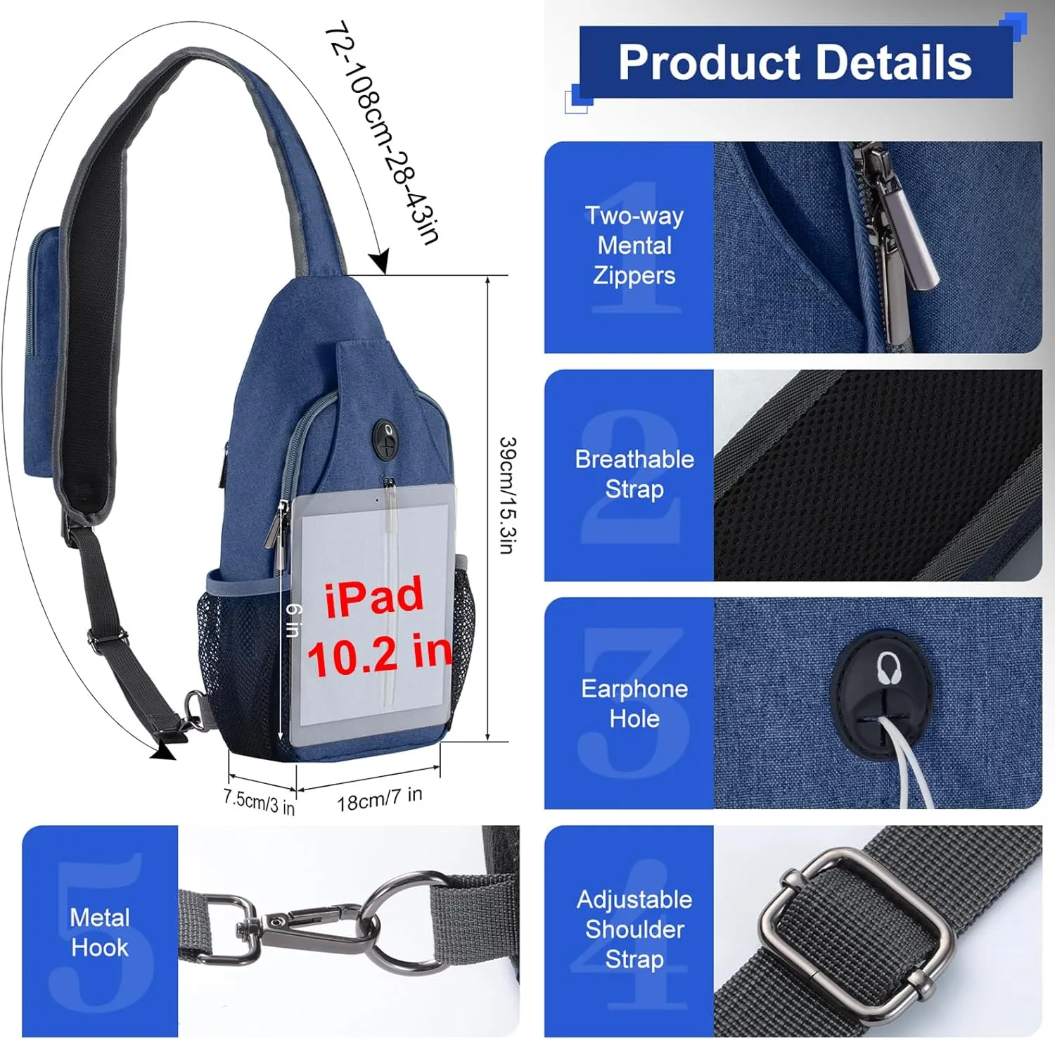 VADOO Sling Backpack with RFID Blocking and Phone Holder on Strap for Men Women Crossbody Chest Bag for Travel Hiking