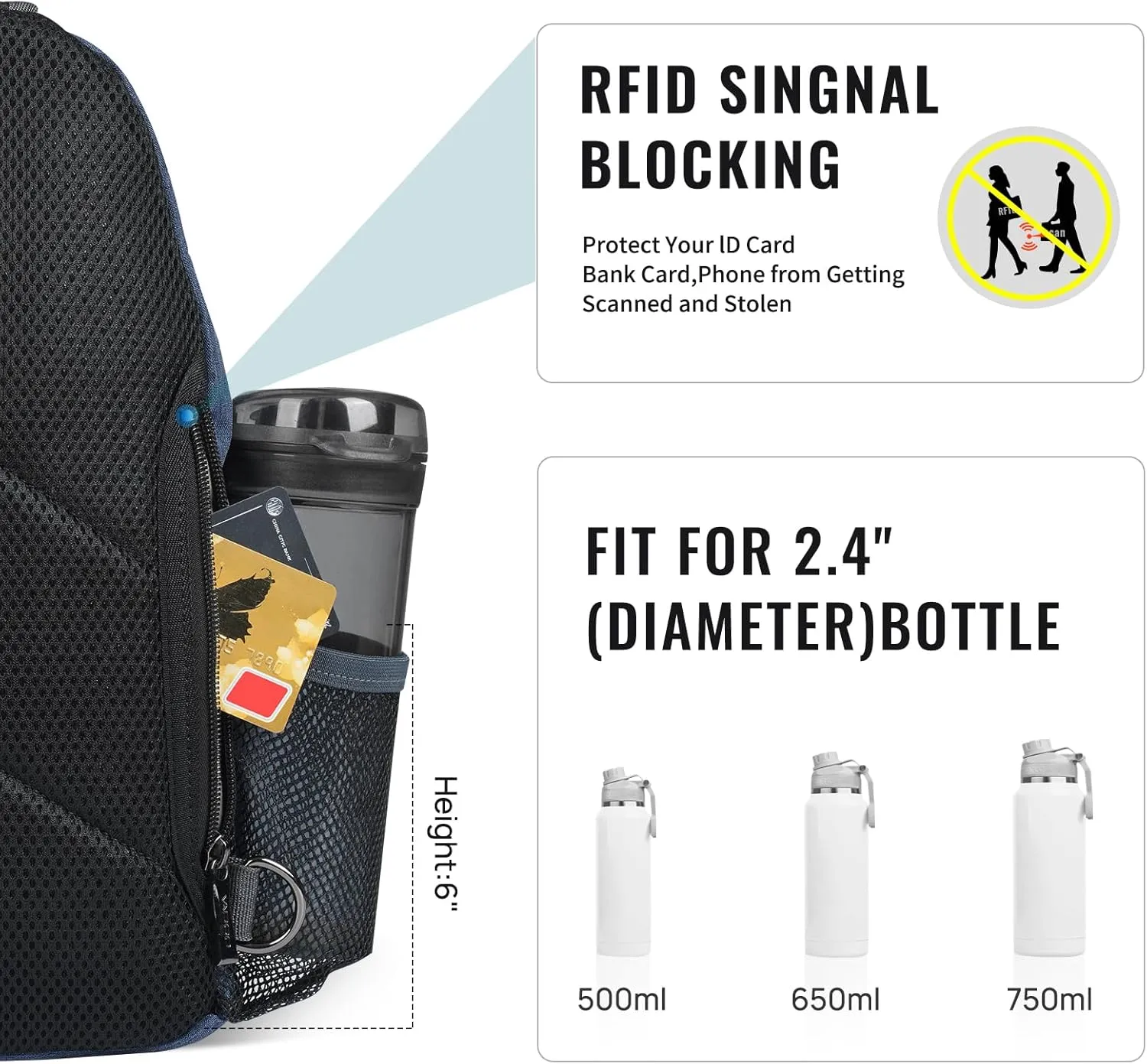 VADOO Sling Backpack with RFID Blocking and Phone Holder on Strap for Men Women Crossbody Chest Bag for Travel Hiking