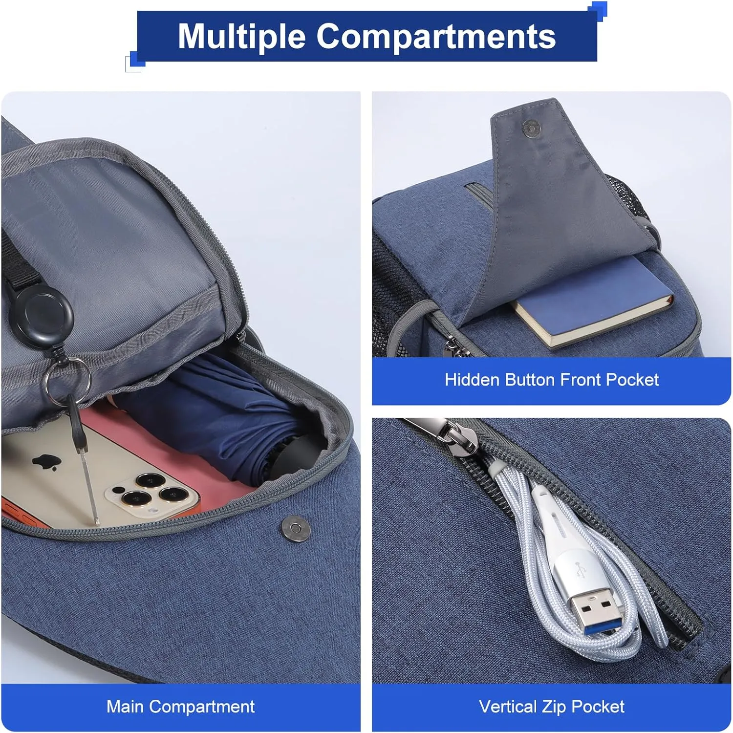 VADOO Sling Backpack with RFID Blocking and Phone Holder on Strap for Men Women Crossbody Chest Bag for Travel Hiking