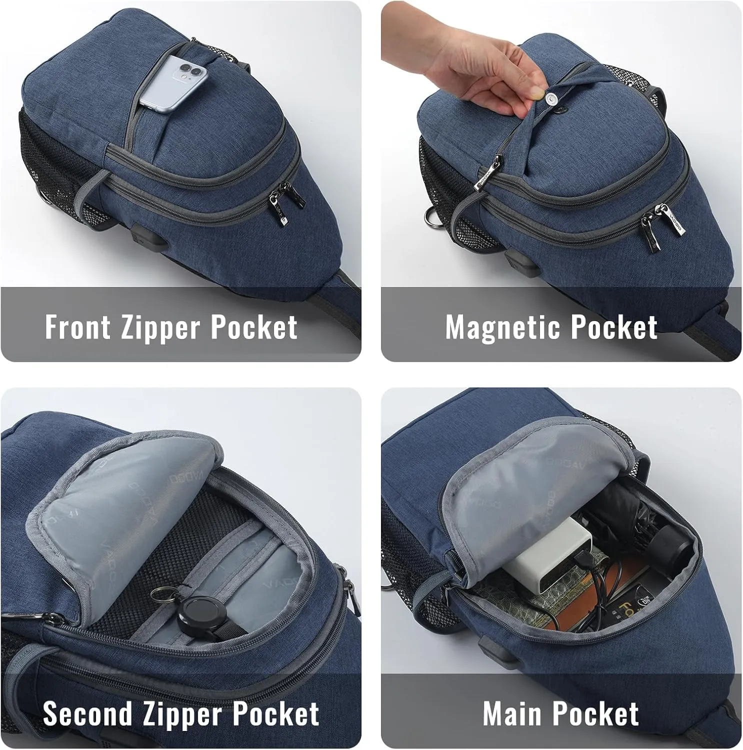 VADOO Sling Backpack with RFID Blocking and Phone Holder on Strap for Men Women Crossbody Chest Bag for Travel Hiking