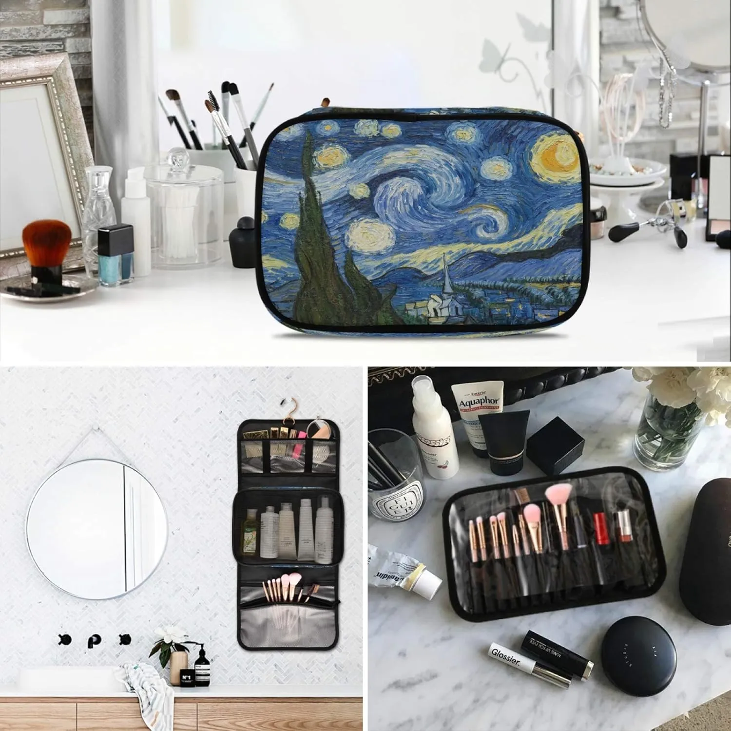 Van Gogh The Starry Night Art Travel Toiletry Bag Cosmetic Make up Brush Cases Hanging Water-resistant Accessories Organizer for Women 3PCS