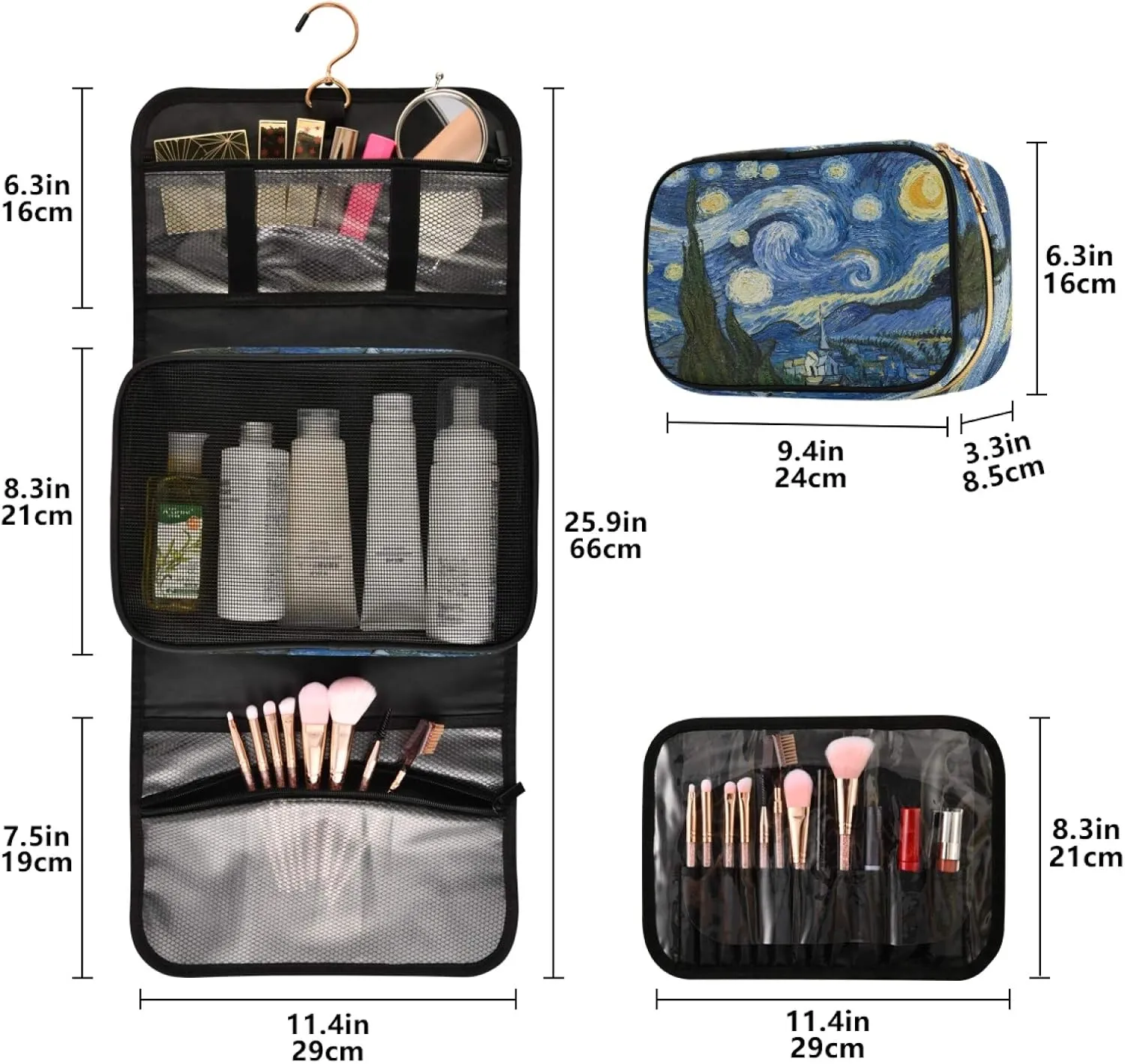 Van Gogh The Starry Night Art Travel Toiletry Bag Cosmetic Make up Brush Cases Hanging Water-resistant Accessories Organizer for Women 3PCS