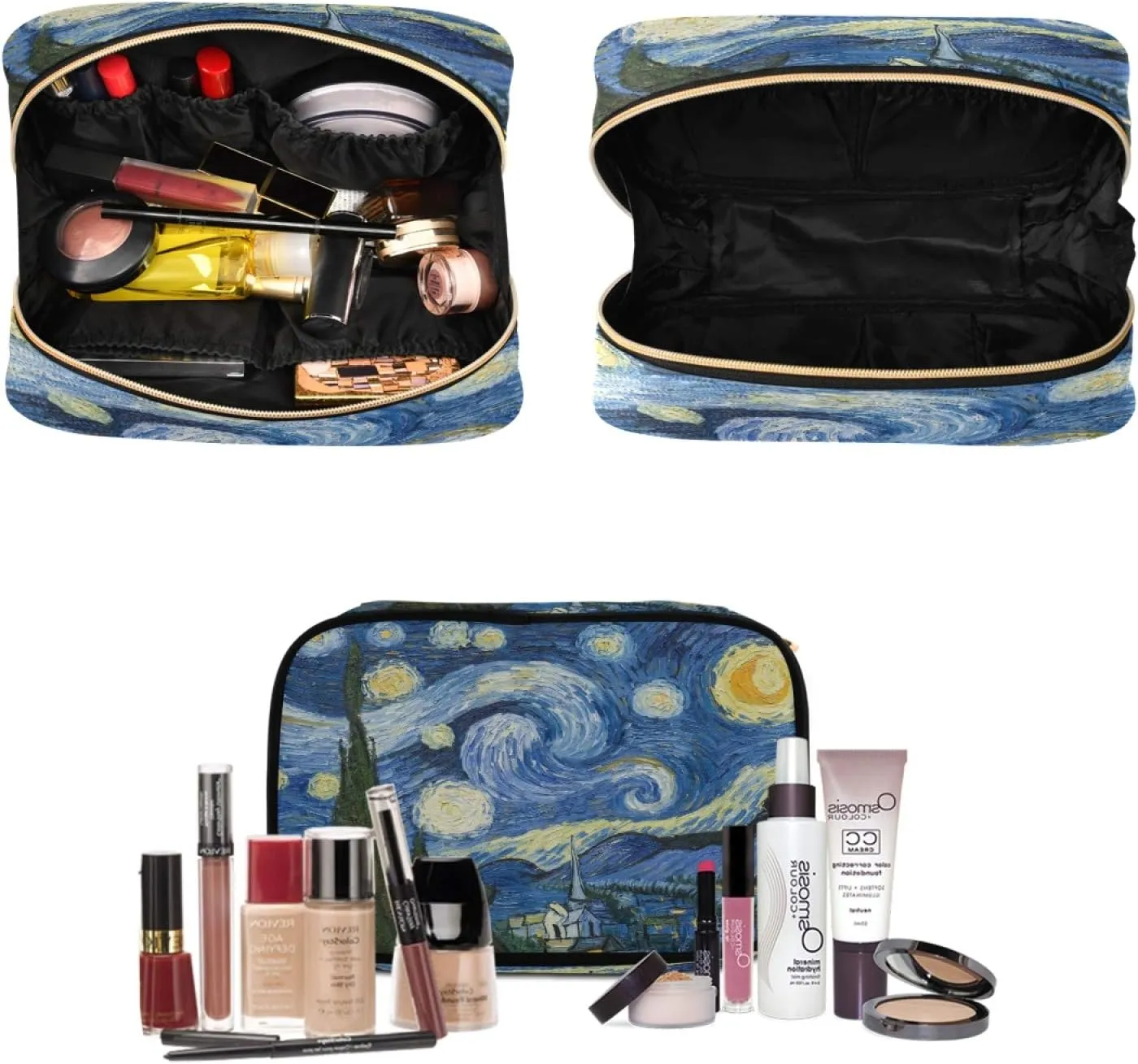 Van Gogh The Starry Night Art Travel Toiletry Bag Cosmetic Make up Brush Cases Hanging Water-resistant Accessories Organizer for Women 3PCS
