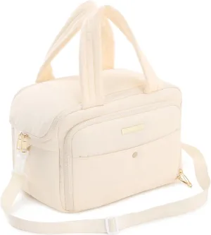 Veki Travel Toiletry Bag with Shoulder Straps, Puffy Lightweight Toiletries Travel Bags for Women, Large Hanging Makeup Cosmetic Bag Organizer for Carry-on Traveling Accessories (Beige, Medium)