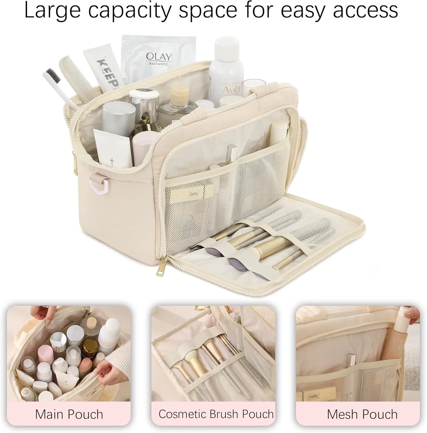 Veki Travel Toiletry Bag with Shoulder Straps, Puffy Lightweight Toiletries Travel Bags for Women, Large Hanging Makeup Cosmetic Bag Organizer for Carry-on Traveling Accessories (Beige, Medium)