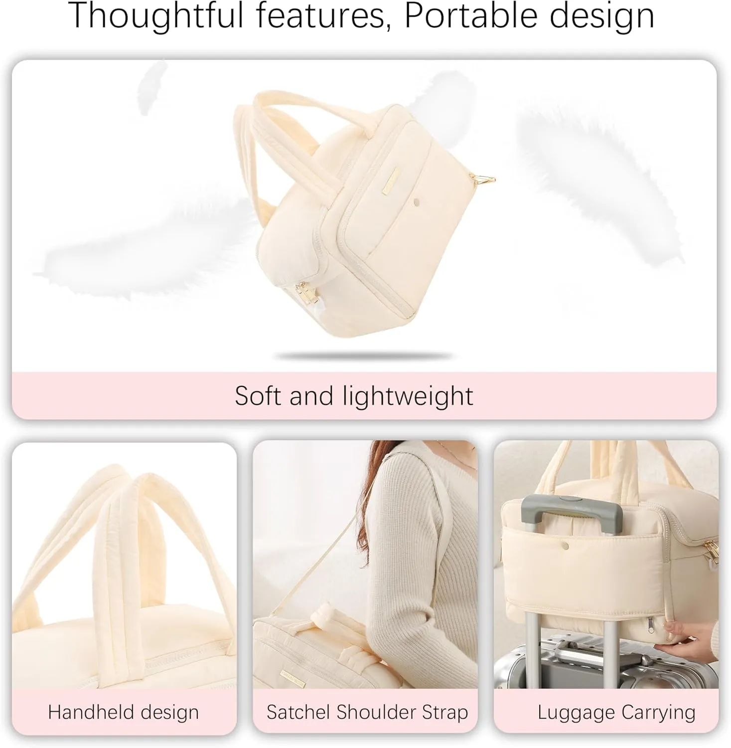 Veki Travel Toiletry Bag with Shoulder Straps, Puffy Lightweight Toiletries Travel Bags for Women, Large Hanging Makeup Cosmetic Bag Organizer for Carry-on Traveling Accessories (Beige, Medium)