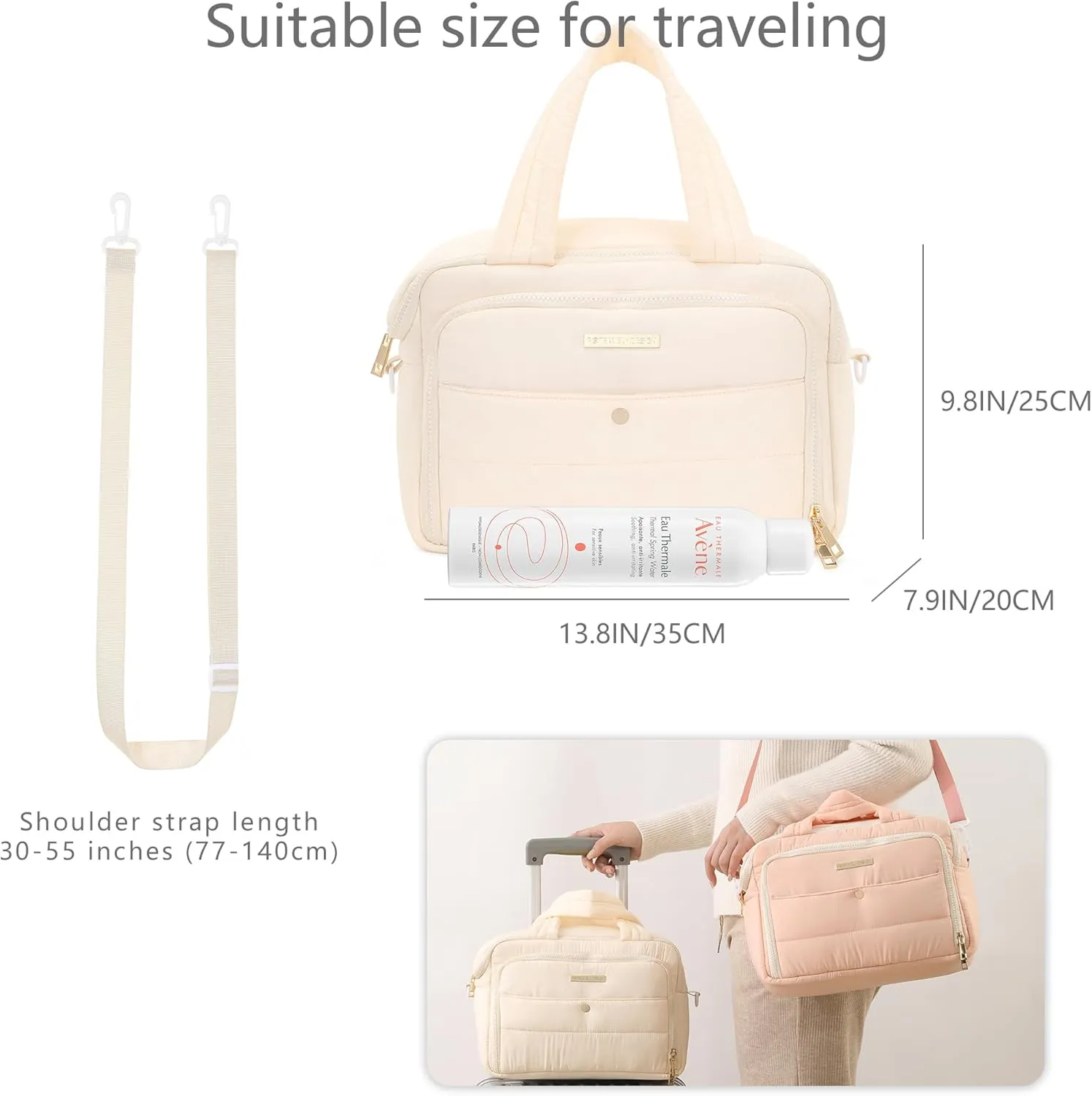 Veki Travel Toiletry Bag with Shoulder Straps, Puffy Lightweight Toiletries Travel Bags for Women, Large Hanging Makeup Cosmetic Bag Organizer for Carry-on Traveling Accessories (Beige, Medium)
