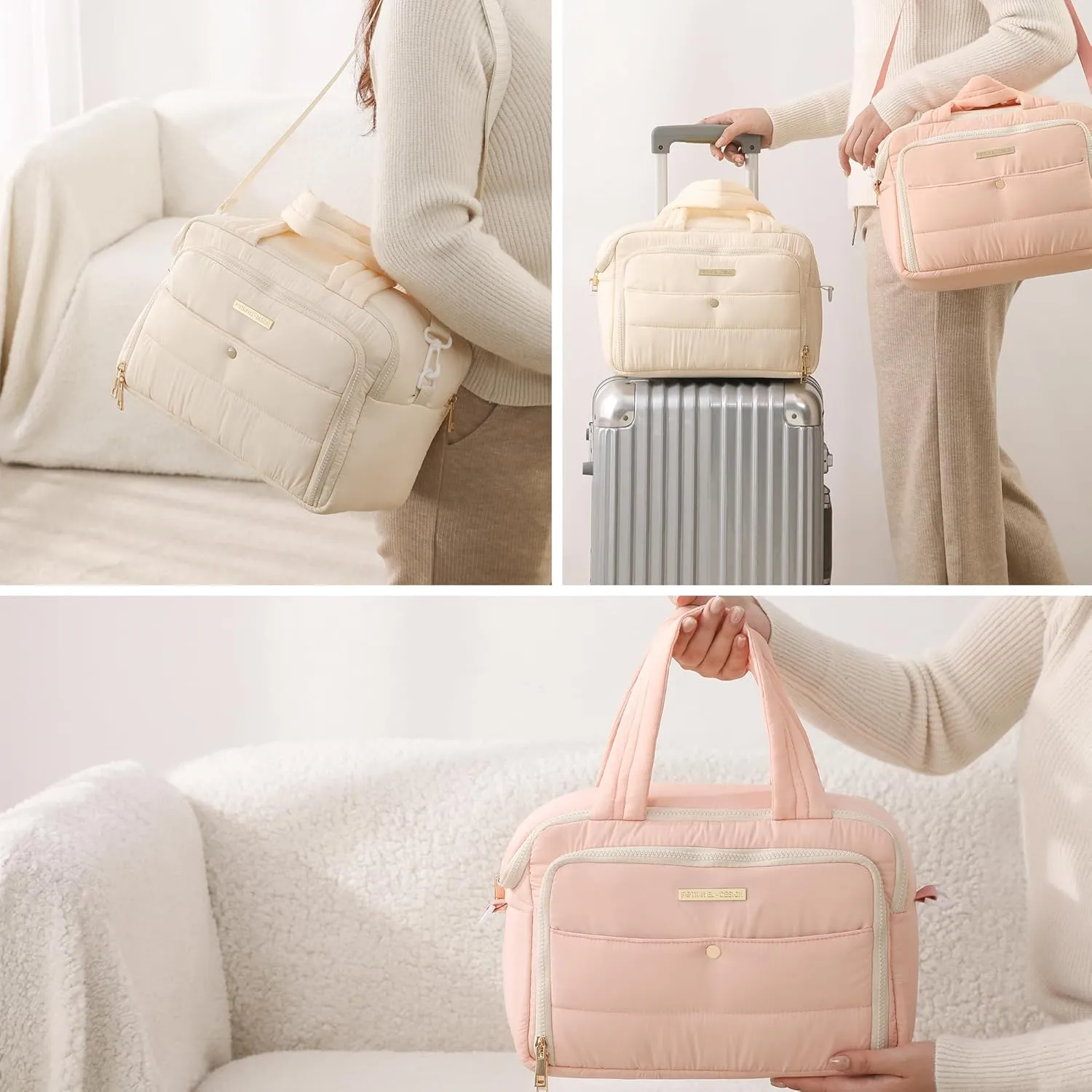 Veki Travel Toiletry Bag with Shoulder Straps, Puffy Lightweight Toiletries Travel Bags for Women, Large Hanging Makeup Cosmetic Bag Organizer for Carry-on Traveling Accessories (Beige, Medium)