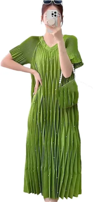 Vertical Pleats Beads High Elastic Dress Women's Age-Reducing Casual Dresses