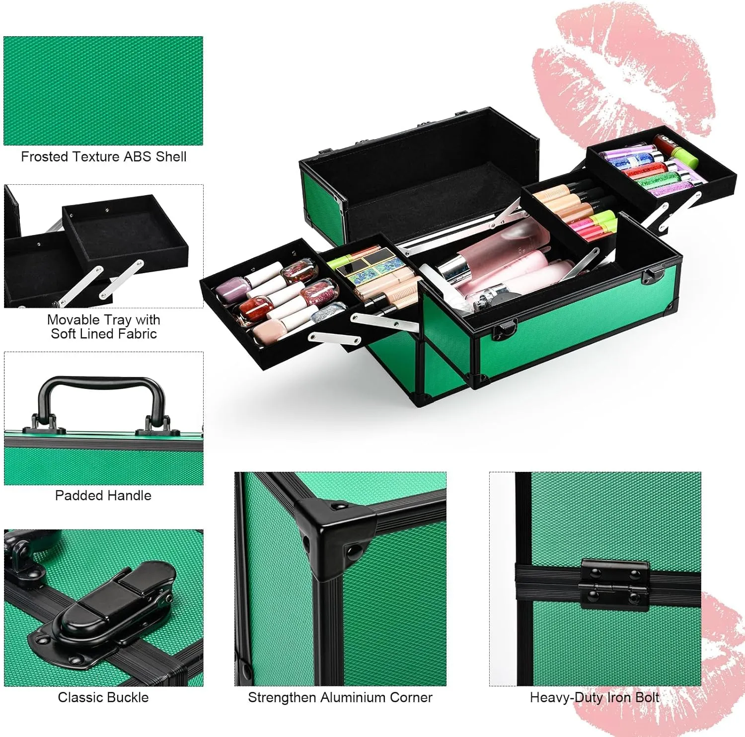 VETALLO Travel Makeup Case Organizer, Large Makeup Organizer I Portable Makeup Case Organizer I Make Up Box I Makeup Train Case I Birthday Gifts for Her Women Bestie I Green