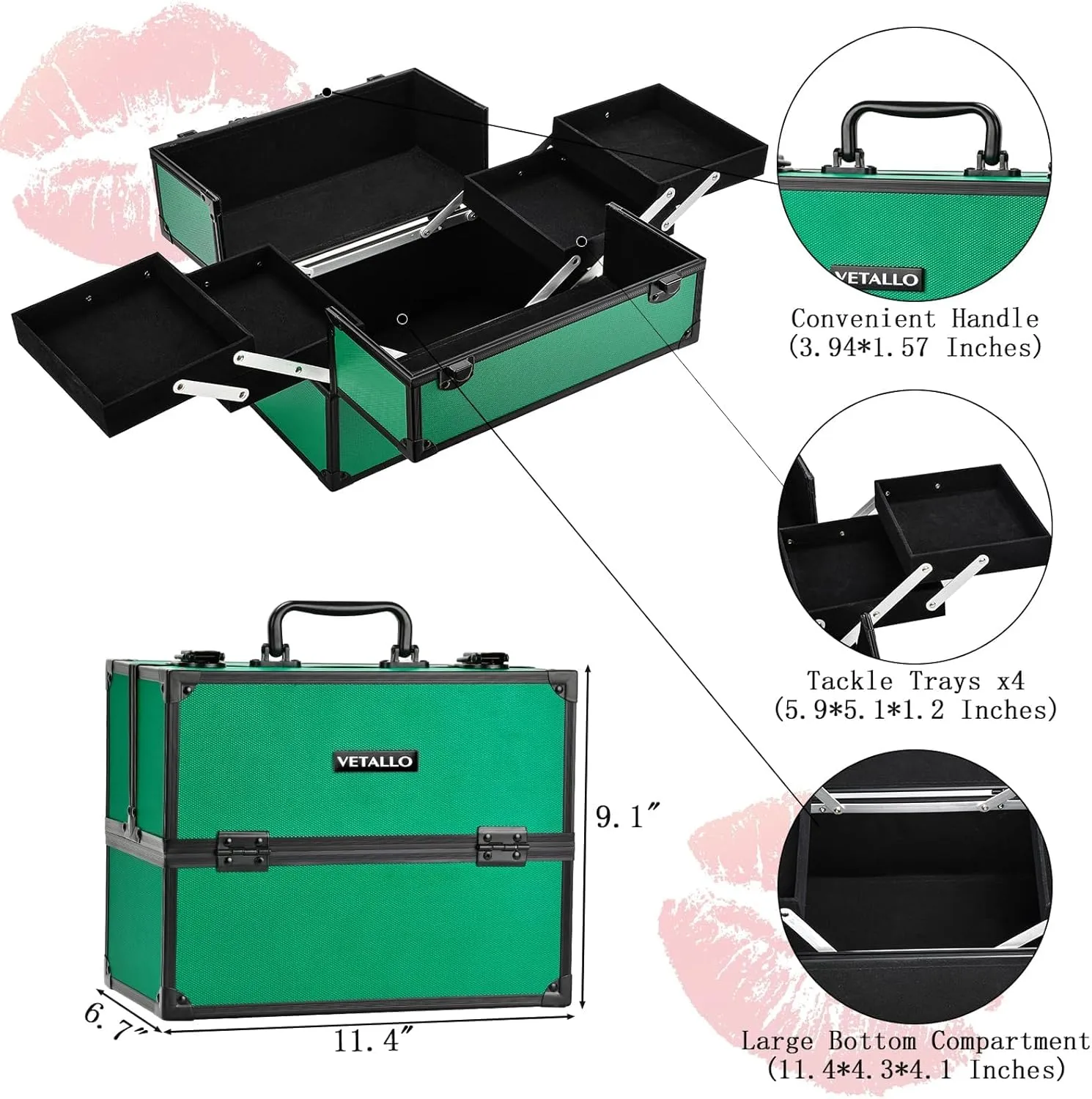 VETALLO Travel Makeup Case Organizer, Large Makeup Organizer I Portable Makeup Case Organizer I Make Up Box I Makeup Train Case I Birthday Gifts for Her Women Bestie I Green