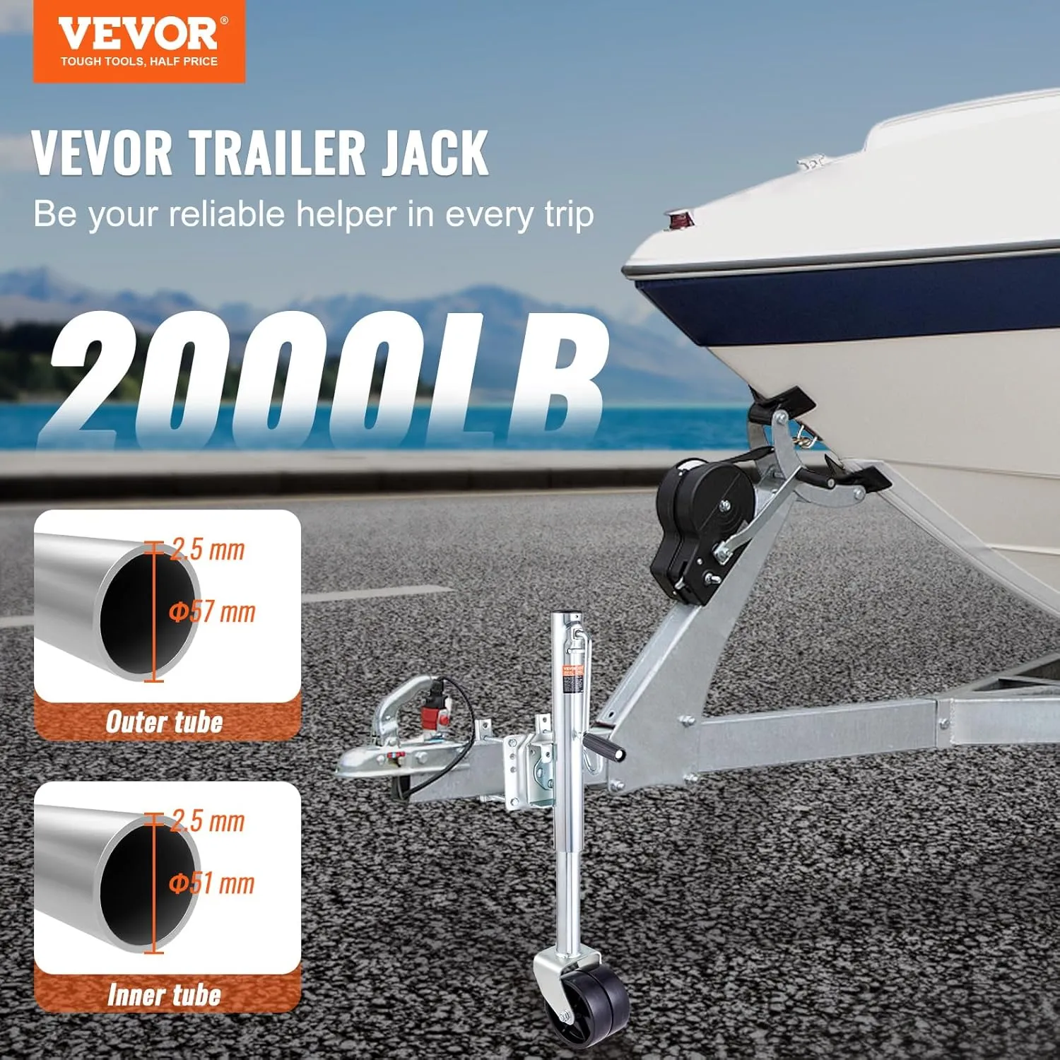 VEVOR Trailer Jack, Boat Trailer Jack 35.3 in, Bolt-on Trailer Tongue Jack Weight Capacity 2000 lb, with PP Wheel and Handle for Lifting RV Trailer, Horse Trailer, Utility Trailer, Yacht Trailer