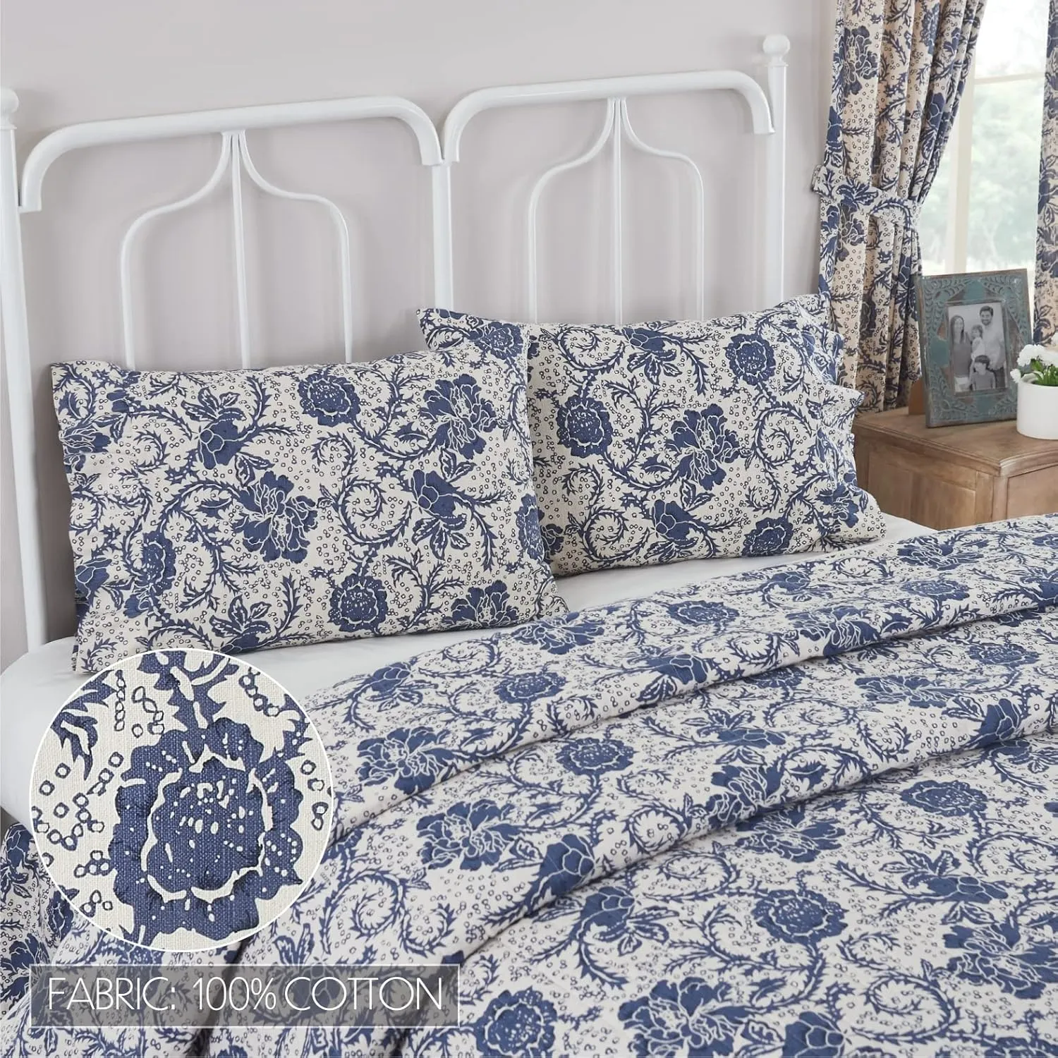 VHC Brands Dorset, Farmhouse Ruffled Pillow Cases, Standard Size, Floral, Navy, 21x26, Set of 2