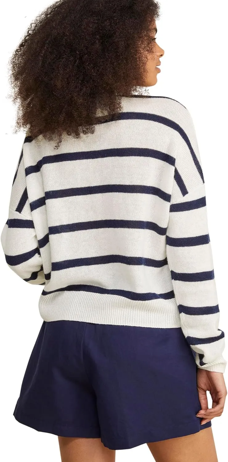 vineyard vines Women's Linen Cashmere Lace-up Crewneck Sweater