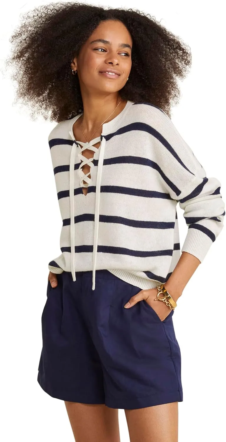 vineyard vines Women's Linen Cashmere Lace-up Crewneck Sweater