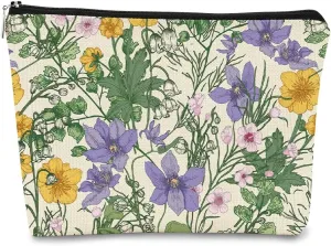 Vintage Cottagecore Summer Wild Flowers Botanical Herbs Makeup Bag,Colorful Floral Cosmetic Bag Best Gift Idea for Flower Lovers Girls Women Mom,Birthday Gifts for Girls,Mother's Day Gifts for Mom