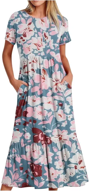 Vintage Dress for Women Casual Short Sleeve Floral Print Sundress Summer Fashion Retro Maxi Dress with Pocket